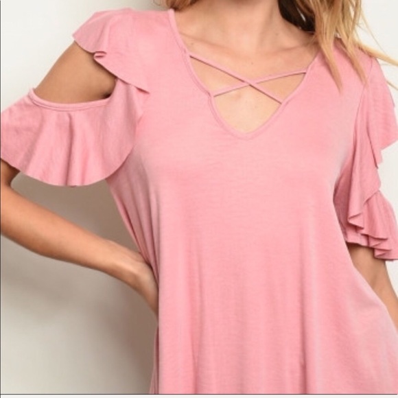COLD SHOULDER RUFFLE SLEEVE LONGER STYLE TOP - Picture 3 of 4